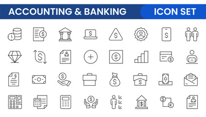 Set of line icons related to accounting, audit, and taxes. Outline icon collection. Business symbols.Income set. Containing money, tax, earnings, payment, paycheck, work, pension, and wages icons.
