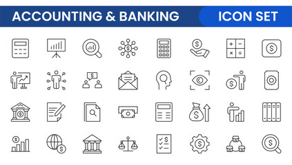Set of line icons related to accounting, audit, and taxes. Outline icon collection. Business symbols.Income set. Containing money, tax, earnings, payment, paycheck, work, pension, and wages icons.