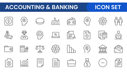 Set of line icons related to accounting, audit, and taxes. Outline icon collection. Business symbols.Income set. Containing money, tax, earnings, payment, paycheck, work, pension, and wages icons.