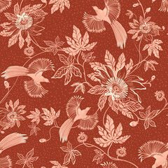 Lace.  Seamless pattern of tropical flowers and parrots. Chinoiserie, oriental pattern. 