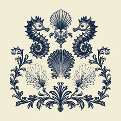 Luxury vector print, flat pattern. Seahorses, shells and seaweed. Decorative style. 