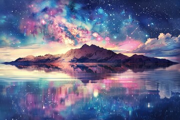 Fototapeta premium Stunning fantasy landscape with vibrant nebula sky over mountains reflecting in calm water, creating a dreamlike and magical atmosphere.