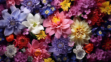 A colorful bouquet of flowers with a variety of colors and shapes