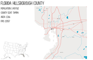 Fototapeta premium Large and detailed map of Hillsborough County in Florida, USA.