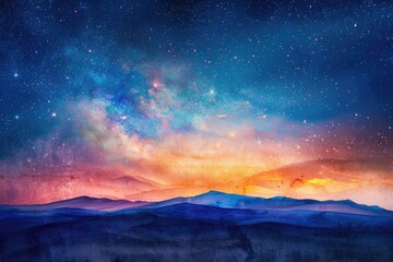 Fototapeta premium Beautiful starry night sky over a colorful, vibrant landscape with mountains. Perfect for backgrounds and nature-themed projects.
