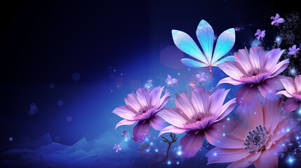 A blue background with a purple flower and a butterfly