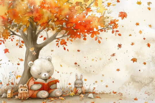Cute teddy bear reading under an autumn tree with colorful leaves, accompanied by forest animals. Whimsical and cozy seasonal illustration.