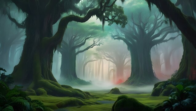 Towering trees and lush verdant forests of Endor creating a dense and mystical Star Wars backdrop.