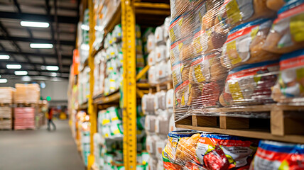 Organized warehouse aisle with bulk food product storage.