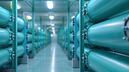 The image shows a long, blue hallway with large, green cylinders on either side.