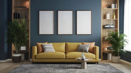 Modern luxury interior designs. Empty painted wall for mockup. accent furniture and a blank background. mockup wall, three vertical empty frames on the wall, interior mockup, mockup, PSD mockup