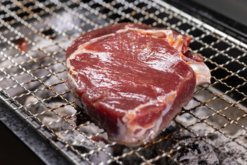 Raw Steak on Barbecue Grill Grate