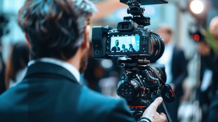 A professional cameraman filming an event indoors, capturing moments with a high-quality camera in a dynamic setting.
