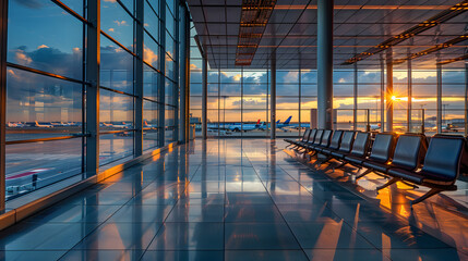 Sunset glow illuminates an empty airport terminal with panoramic windows