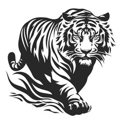 Fototapeta premium Tiger with burning flame, tattoo line art illustration.