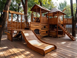 Fototapeta premium Carpenter constructing a wooden playhouse, with whimsical designs and childfriendly features, representing creative outdoor projects