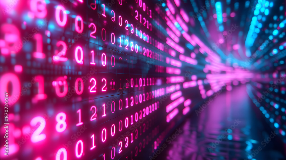 Poster neon pink and blue binary code flowing in a digital tunnel.