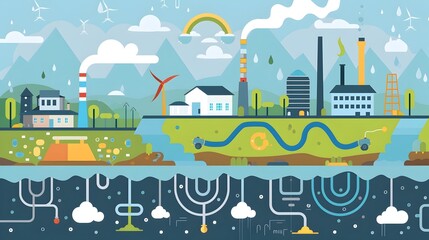Naklejka premium Diagram of Industrial Water Cycle for Sustainable Water Management and Efficient Resource Use
