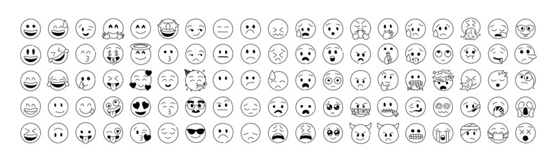 Doodle Emoji line icon big set. Emoji sketch style. Emoji with different emotion mood, happy, sad, smile face. Hand drawn vector line emoticons