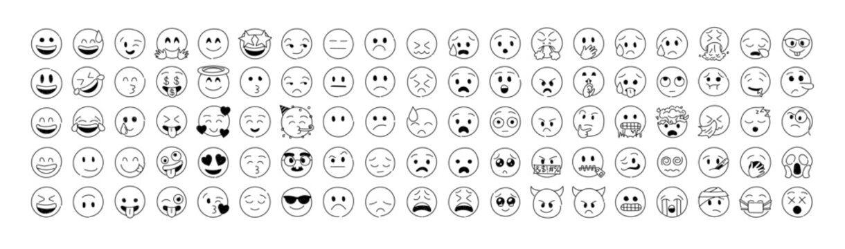 Naklejki Doodle Emoji line icon big set. Emoji sketch style. Emoji with different emotion mood, happy, sad, smile face. Hand drawn vector line emoticons