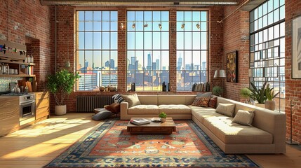 Modern Loft Living Room with Cityscape View and Cozy Furniture