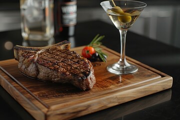 Grilled Steak and Martini on a Wooden Cutting Board