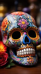 Fototapeta premium a skull is covered in colorful flowers and leaves. 