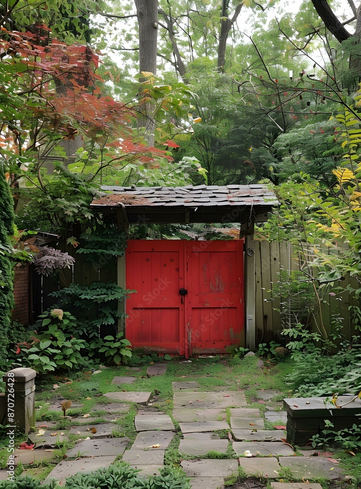 Poster Red Wooden Gate in a Lush Garden