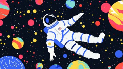 Astronaut Floating in Colorful Outer Space Among Planets and Stars. Vibrant, Surreal Space Art