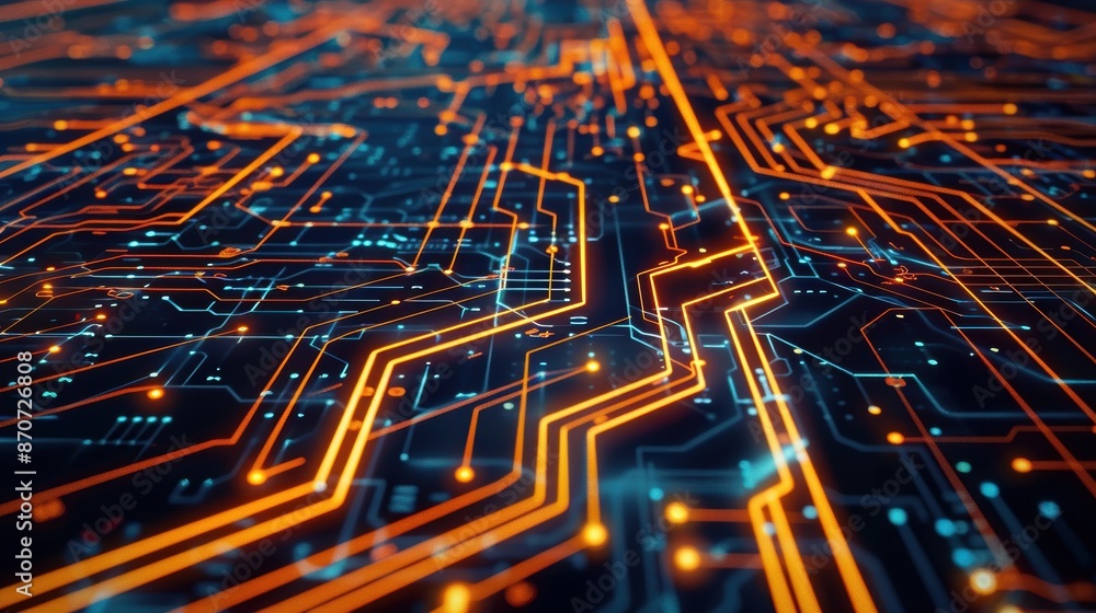 Poster futuristic circuit board pattern with glowing pathways, data transmission, technological workflows