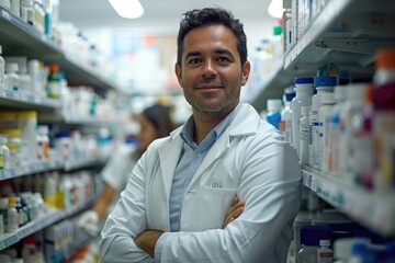 Pharmacist working in drug store  doing stock take portrait.