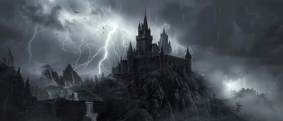 Ominous castle surrounded by lightning strikes, thunderous sky, classic horror film setting