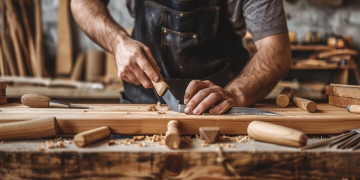 Carpenter designing and building a custom wooden kitchen island, with detailed joinery and finishing, showcasing home improvement