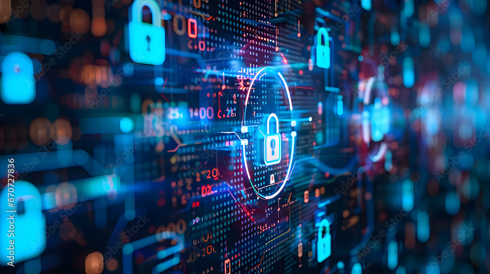 Poster cybersecurity digital locks with abstract data