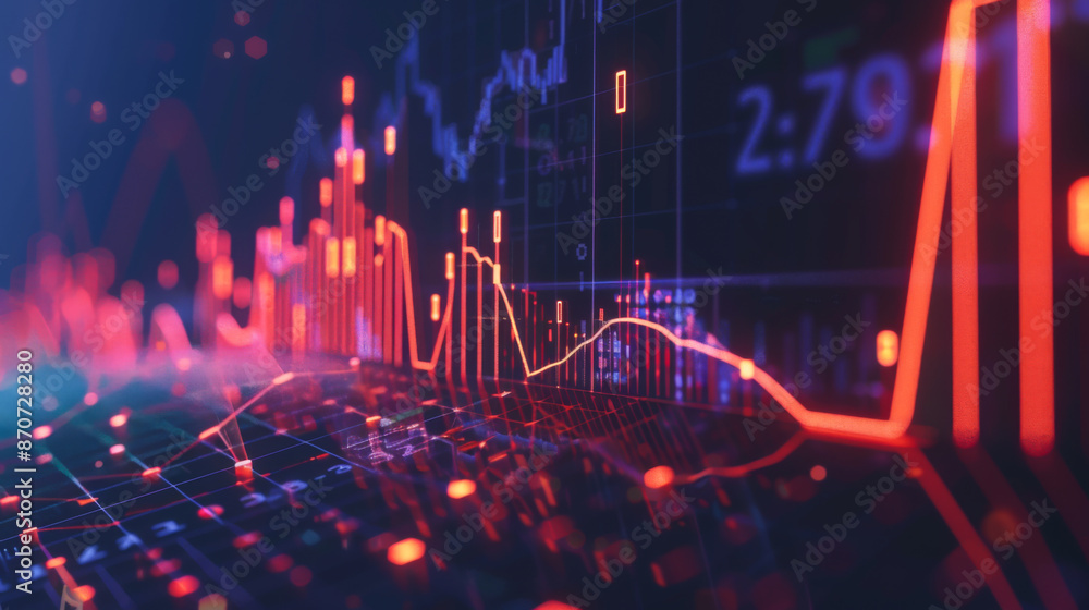 Poster a bright graph showing an increase or decrease in investment on a dark background. red diagram on a 