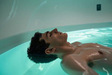 Young man floating in Sensory Deprivation Tank