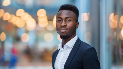 Fototapeta premium Confident Young Professional in Suit Poses Against Modern Office Background