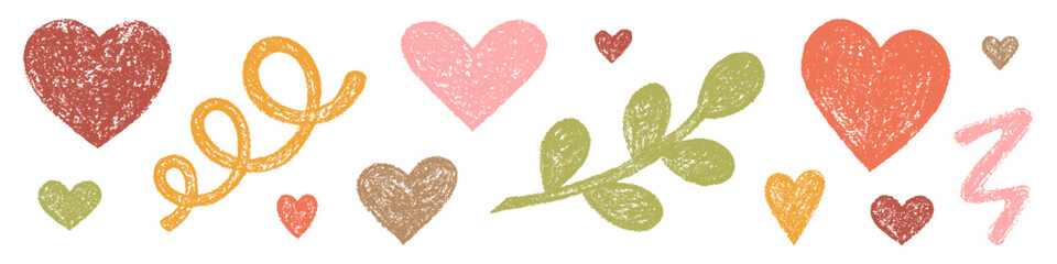 Set of Design Elements Hand-drawn Hearts, Doodles and Twig of Pink, Yellow, Green, Brown Colors Isolated on White Backdrop. Style of Children's Drawing.