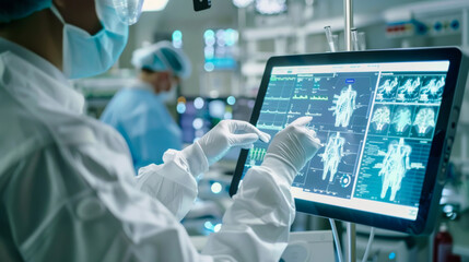 Close-up of the hands of a scientist in a white coat with a modern technological tablet demonstrating scientific research. Concept of technologies, experiments, analysis.