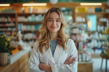 Fototapeta premium Cheerful pharmacist chemist woman standing in pharmacy drugstore