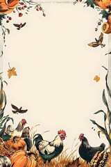 Doodled Autumn Farmhouse Border with Harvest Gourds Chickens and Cows Blank Space for Mockup Background