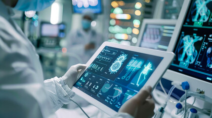 Close-up of the hands of a scientist in a white coat with a modern technological tablet demonstrating scientific research. Concept of technologies, experiments, analysis.