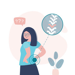 Unhappy girl has low back pain and sciatica from a herniated disc. Medical diagrams about trapped nerves make patients chronic pain in the back and paralysis.