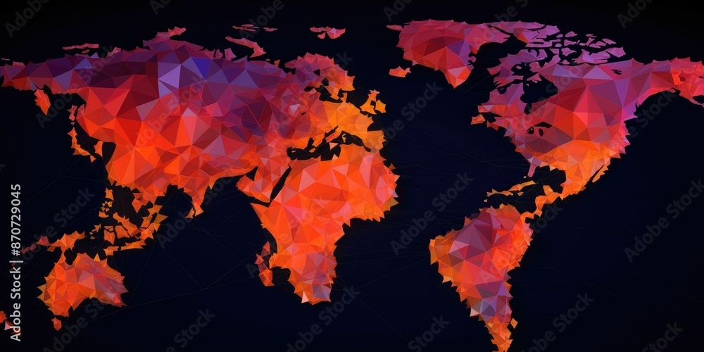 Poster polygonal world map on a dark background. the various bright world map made from polygon material. g