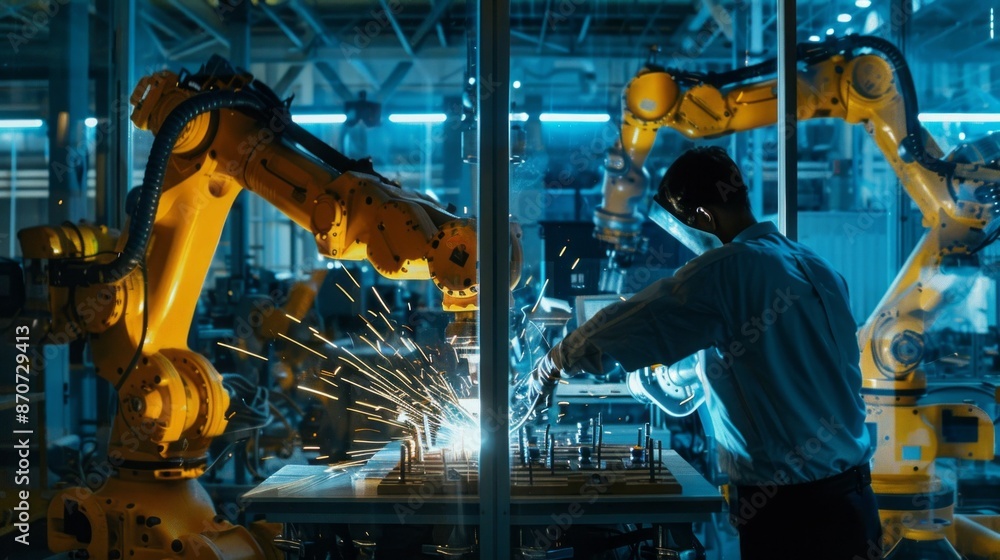 Poster a worker stands in a factory, observing two industrial robots welding a metal part. sparks fly and i