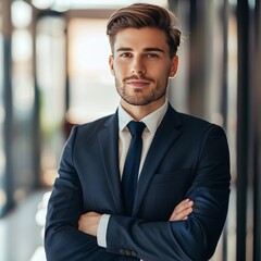 Fototapeta premium Confident Young Professional Man in Business Suit Standing with Arms Crossed
