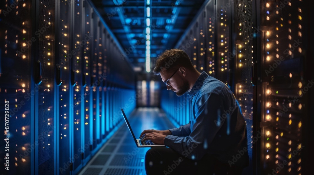 Poster A server engineer is working on a laptop in a data center. The room is lit with blue light from the servers, and the technician is hunched over the keyboard, focused on his work