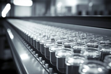Obraz premium A row of glass bottles filled with liquid move along a conveyor belt in a factory setting.