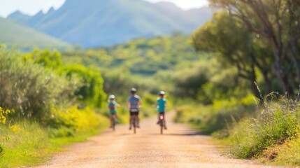 Obraz premium Family riding bicycles on a scenic trail, Summer Activities, Active lifestyle