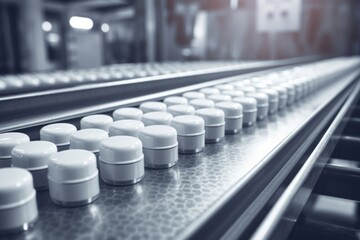 Obraz premium A row of glass bottles filled with liquid move along a conveyor belt in a factory setting.